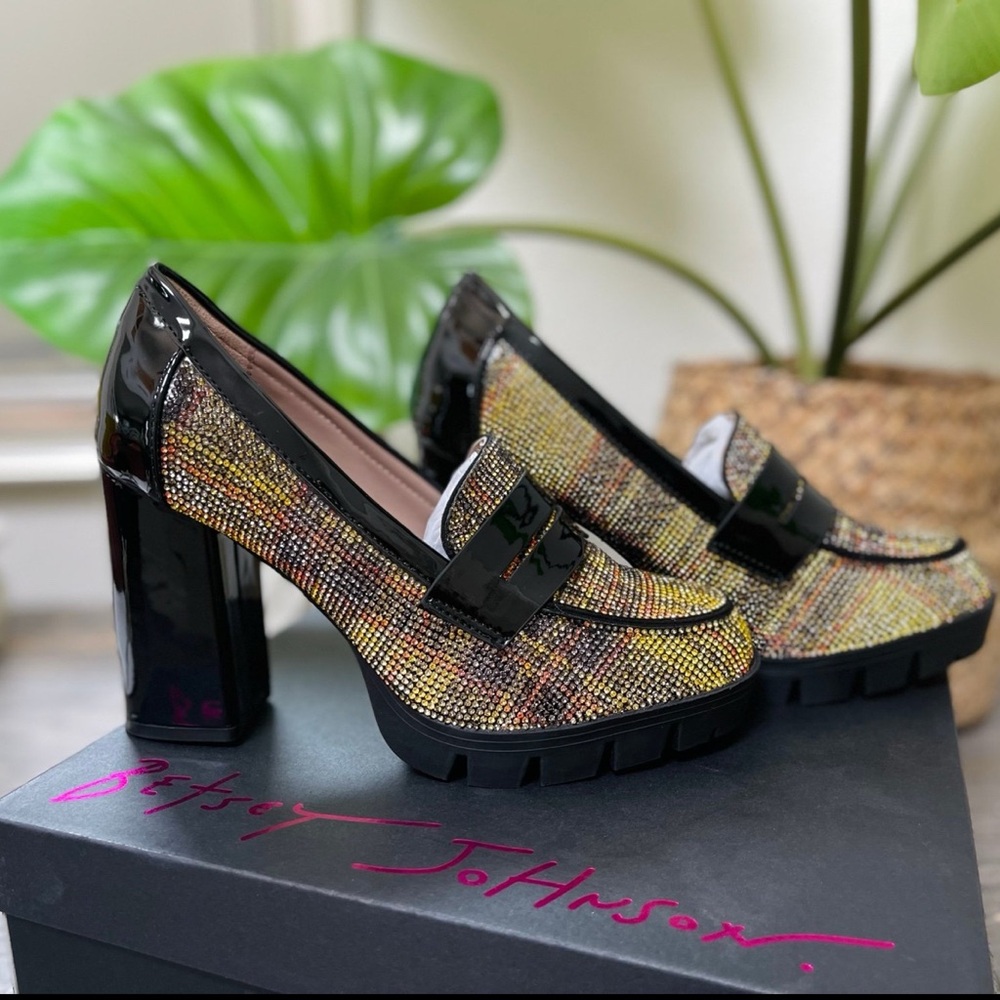 Betsey Johnson Black Patent Multicolor Tweed Platform Block Heel Loafers